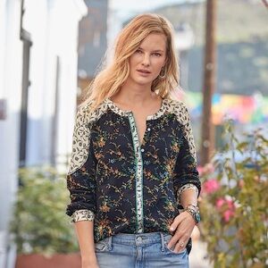 Sundance Stories To Be Told Navy Blue Floral Button Up Long Sleeve Blouse XS